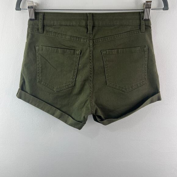 H&M Olive Green Short Cotton Denim Mid-Rise Dark Wash Roll Cuff Zip Fly Size 2 - Picture 3 of 5